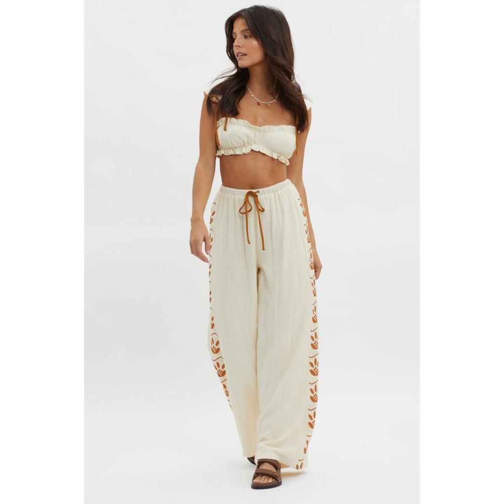 Indikah Womens size XS Maghan Side Print Lined Pants Beige Wide Leg Boho Beachy